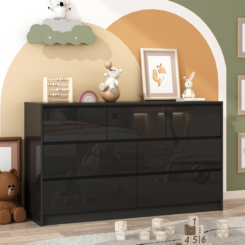 jiteentarou Black Malm Dresser for Bedroom, 55 Inch Long High Gloss Dresser with 7 Drawers, Modern Large Wood Chest of Drawer Handle Free, Living Room, Entryway, Hallway, Black