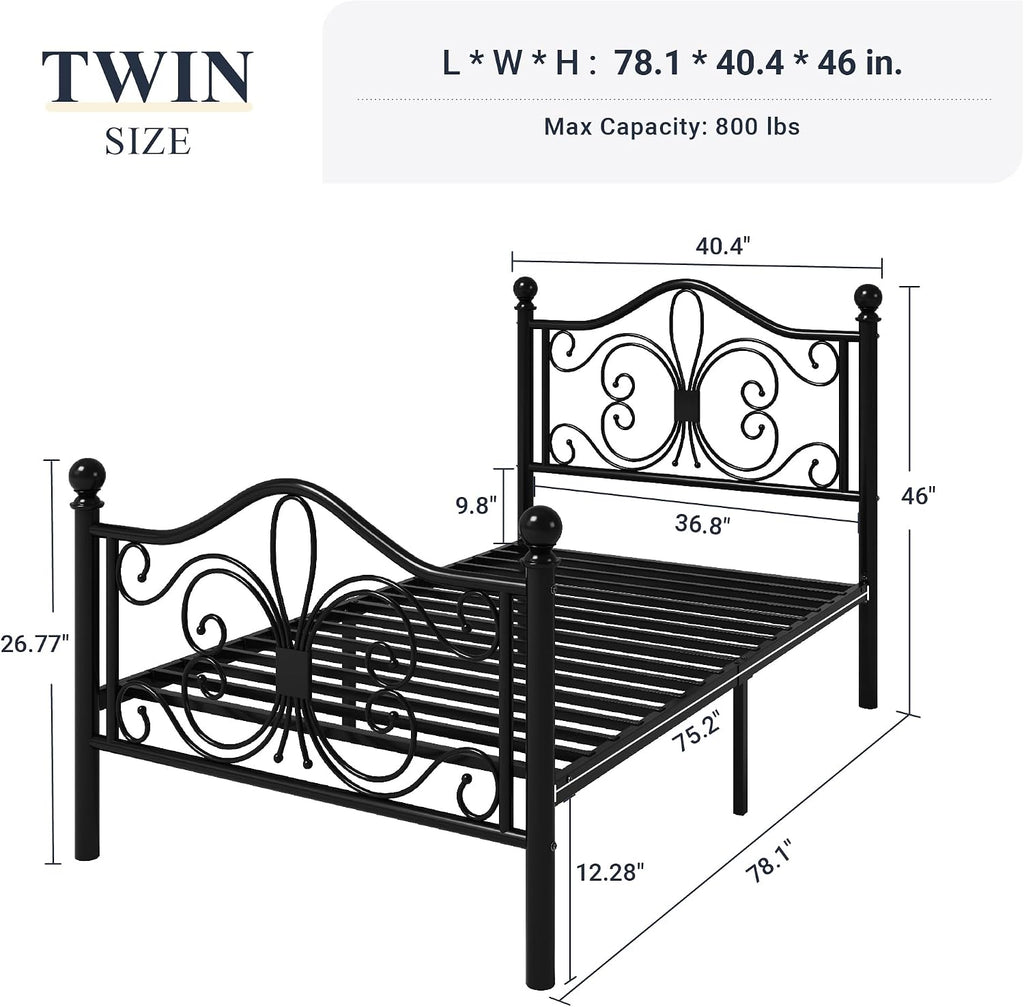Allewie Twin Size Bed Frame for Kids,Metal Bed Frame with Butterfly Pattern Design Headboard and Footboard,No Box Spring Needed,Easy Assembly,Black