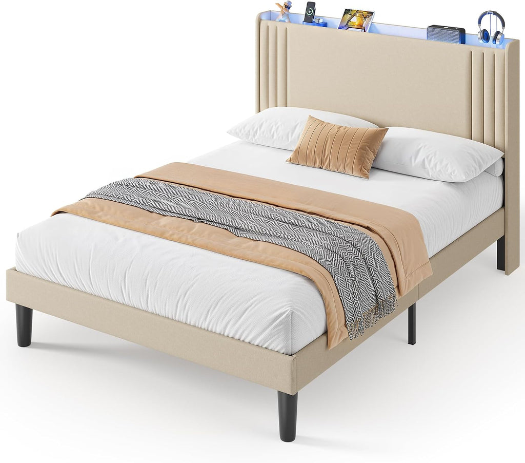 Gizoon Queen Bed Frame with Charging Station and LED Lights,Upholstered Wingback Platform Bed with Wooden Slats,Noise-Free,No Box Spring Needed