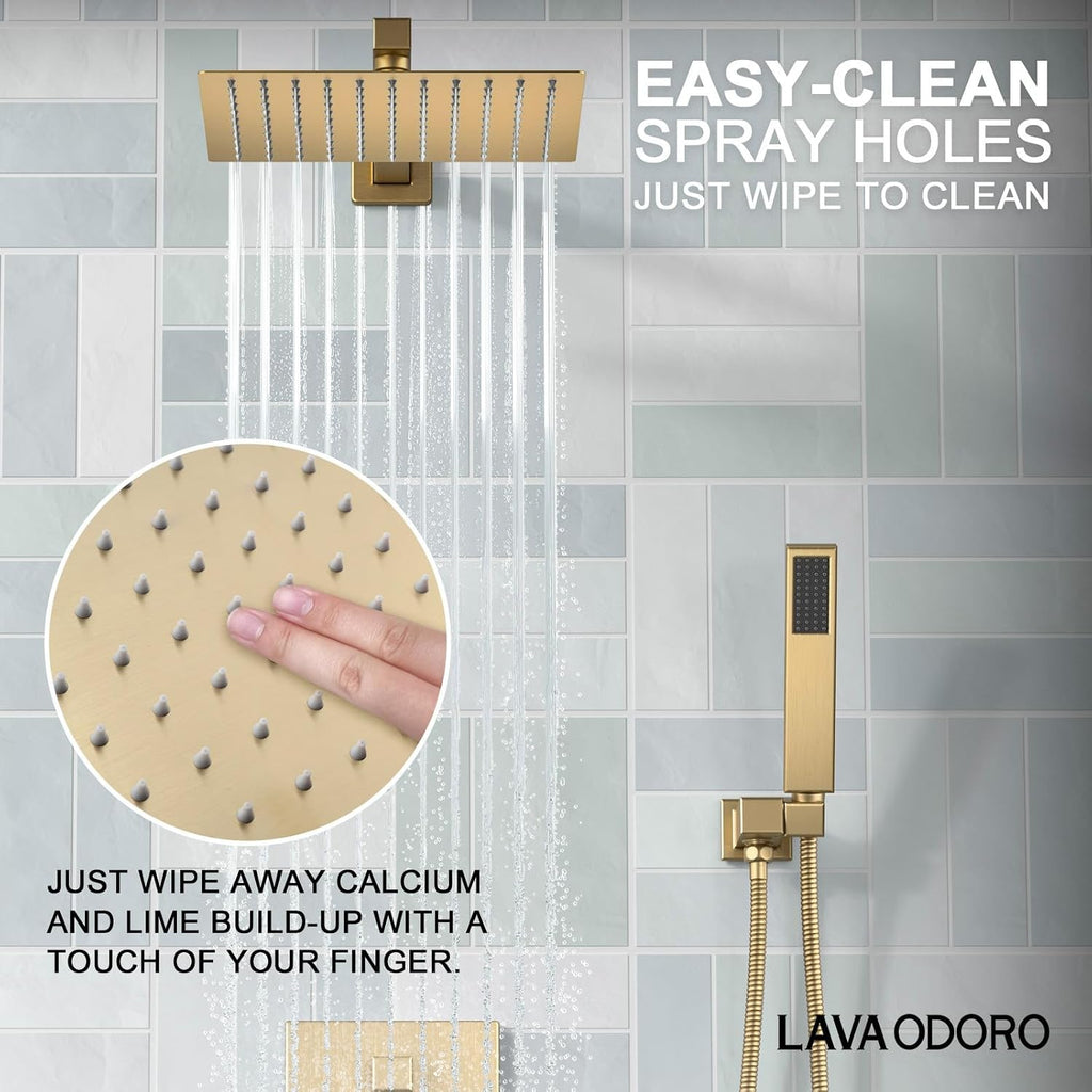 Lava Odoro Modern 2-Setting Square Shower Faucet Set with Shower Head and Handheld Sprayer Gold, Rainfall Shower System with Hand Shower, Shower Valve Trim Kit, Champagne Gold, SF103-CB