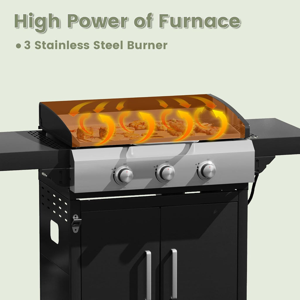 3 Burners Propane Gas Grill, Stainless Steel BBQ Grill with Porcelain-Enameled Cast Iron Grates, 36,000 BTU Outdoor Patio Barbeque Grill and Griddle Combo for Party, Camping, Backyard
