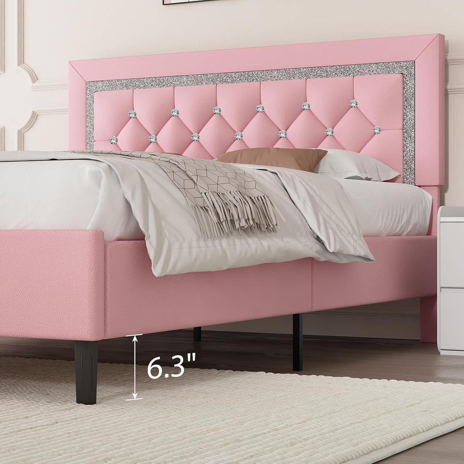 BarnFurin Queen Bed Frame with Tufted Button Headboard, Upholstered Platform Bed Frame with Diamond Design, Wood Slat Support, No Box Spring Needed, Easy Assembly, Pink