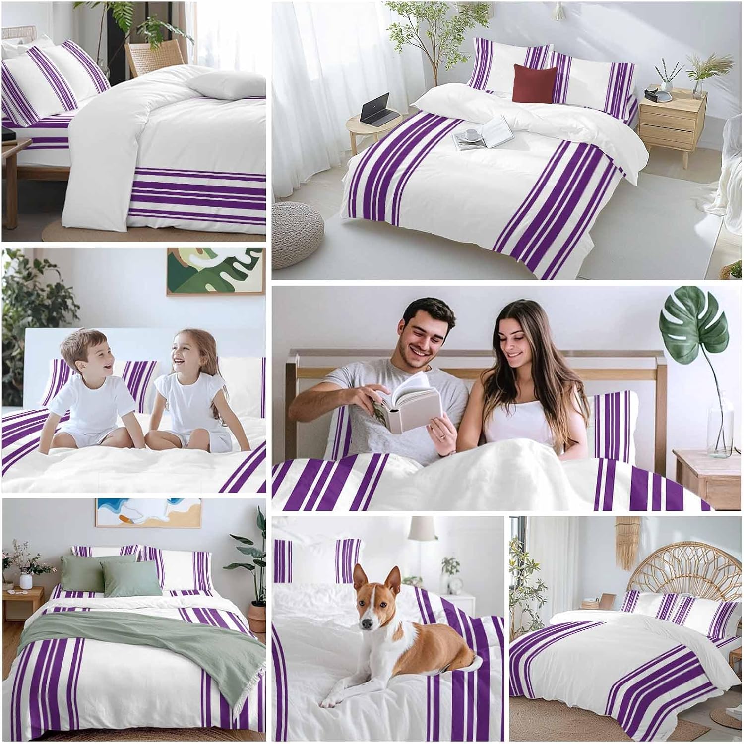 Dark Purple and White Striped Duvet Cover Set Queen Size 4 Pieces Modern Minimalist Vertical Lines Bedding Set with Zipper Closure, 1 Comforter Cover 86x86 Inches 1 Flat Sheet & 2 Pillow Cases