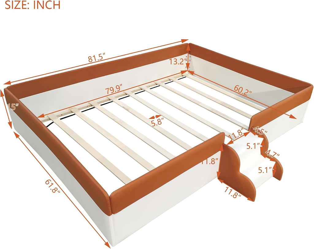 VilroCaz Queen Size Upholstered Daybed Frame with Fence and Stairs, Montessori Kids Floor Bed with Sturdy Slat Support for Kids Boys Girls (Brown+Queen)