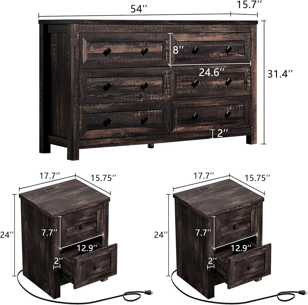 LUXOAK Bedroom Dresser and Nightstand 3 Piece Set, 1 X Rustic Wood 6 Drawer Dresser, 2 X Farmhouse Nightstand with Charging Station, Farmhouse Bedroom Furniture Set, Dark Oak