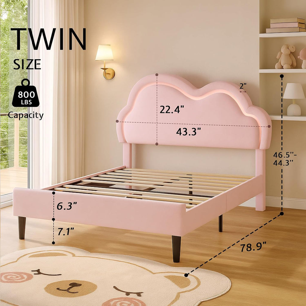 Jocisland Twin Bed Frame for Girls with Adjustable Cloud Headboard, Velvet Upholstered & RGB Lights, 7.1' Underbed Storage, No Box Spring Needed, Pink | Cloud Shape Design