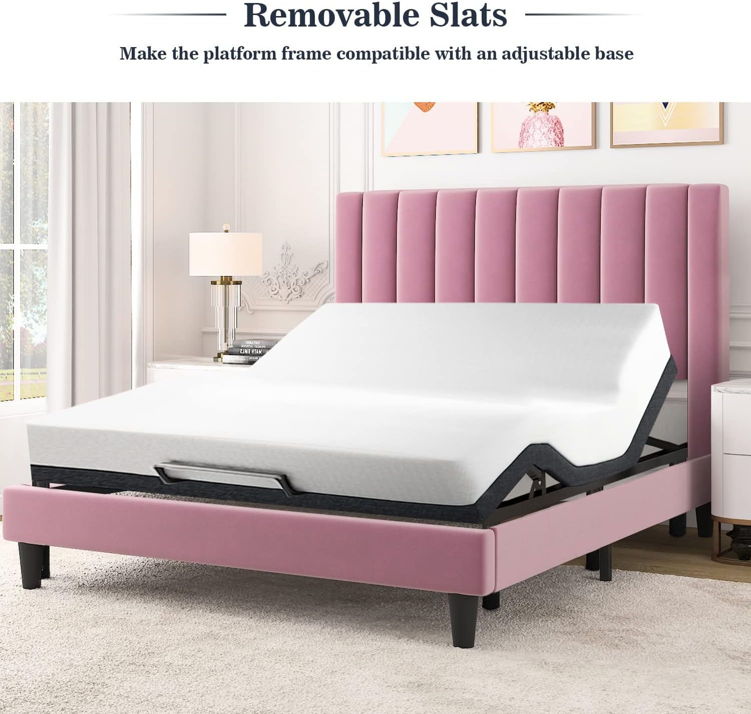 Allewie Full Platform Bed Frame/Velvet Upholstered Bed Frame with Vertical Channel Tufted Headboard/Strong Wooden Slats/Mattress Foundation/Box Spring Optional/Easy Assembly/Pink