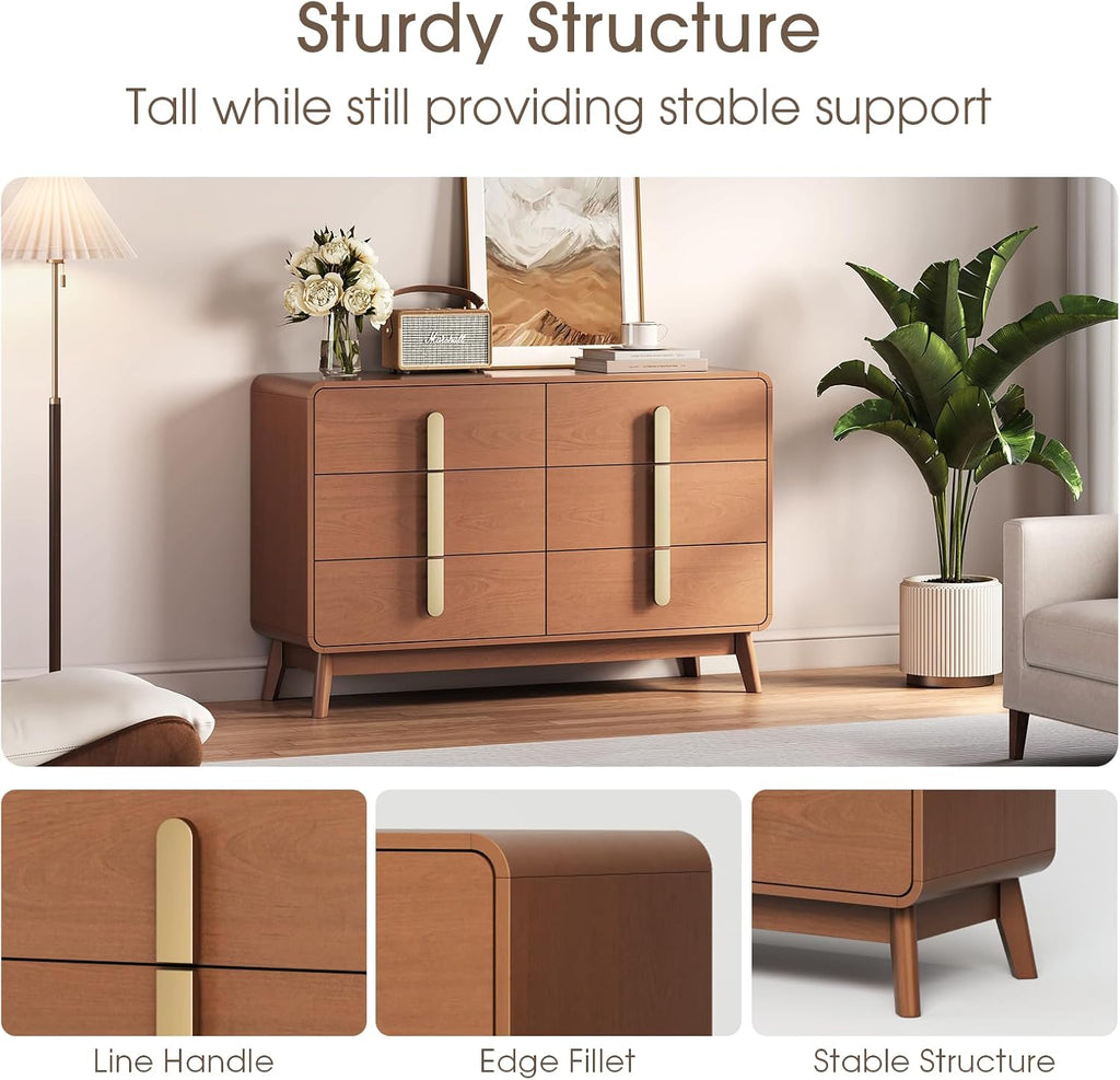JOINICE Dresser for Bedroom with 6 Drawers,Mid Century Modern Dresser with Storage,47' Wide Chest of Drawers with Metal Handles,Large Wood Drawer Organizer for Bedroom,Living Room,Hallway,Cherry