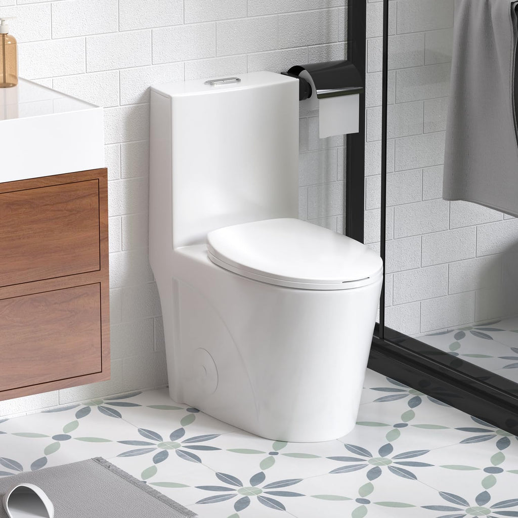 Elongated One Piece Toilet with Comfort Chair Seat ADA Height 17.3' Modern Toilet for Bathroom, Dual Flush 0.8/1.6 GPF and MAP 1000g, 12' Rough-In, Soft Closing Seat, Glossy White
