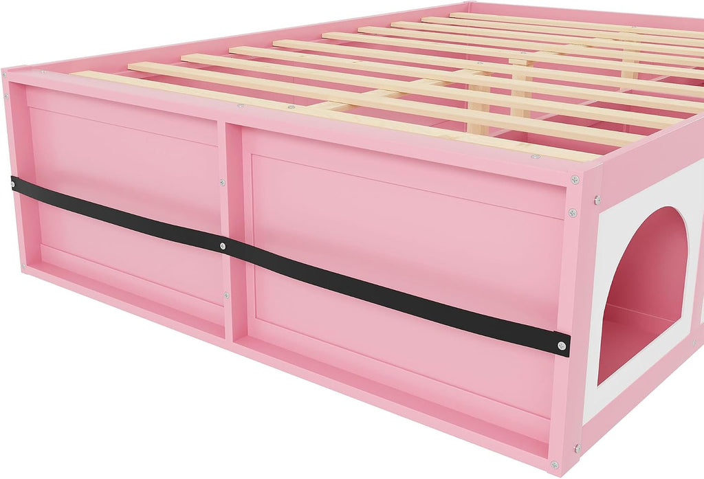 Bellemave Queen Size Kids Bed with Display Cabinet, LED Light and Drawer, Wood Queen Platform Bed with Bookshelf, BedFrames for Kids, Adults, Pink+White