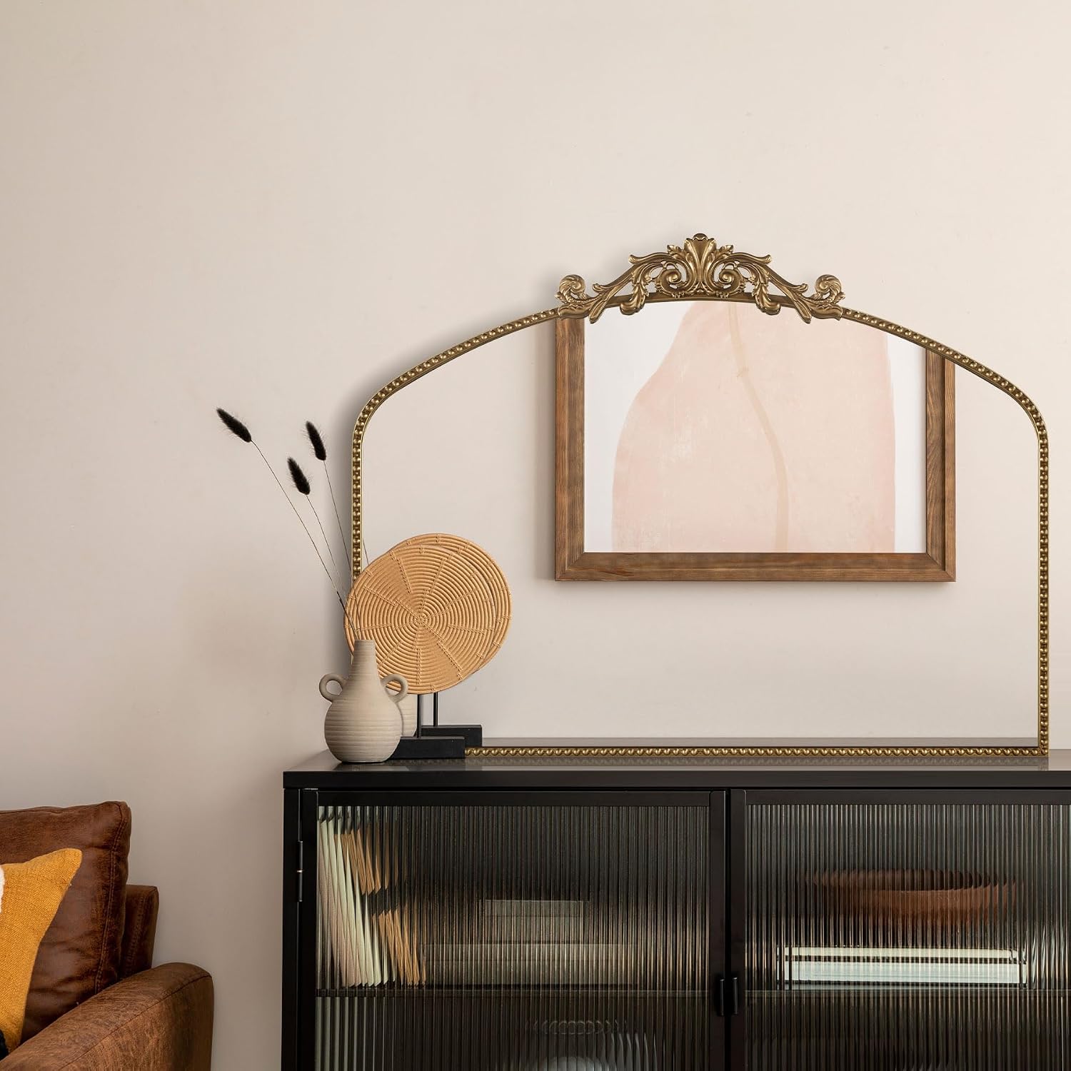 40'x30' Gold Large Antique Mirror, Vintage Baroque Mirror with Ornate Beaded Frame for Home Decor - Living Room, Entryway, Bathroom, Fireplace
