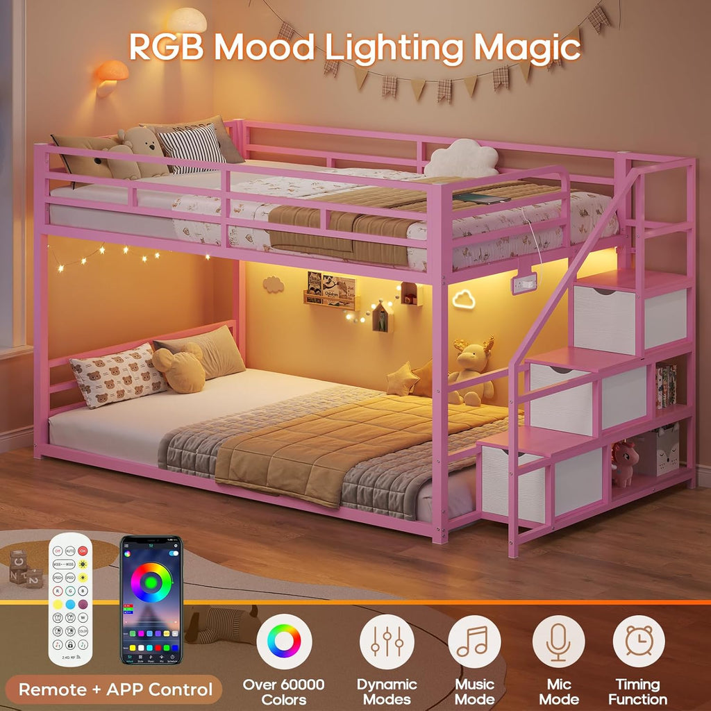 ADORNEVE Low Bunk Bed Twin Over Twin with Storage Stairs, Drawers & Shelves, RGB LED Lights Metal Floor Bunk with Power Outlet, Full-Length Guardrail & Metal Slats, for Small Space, Kids, Pink