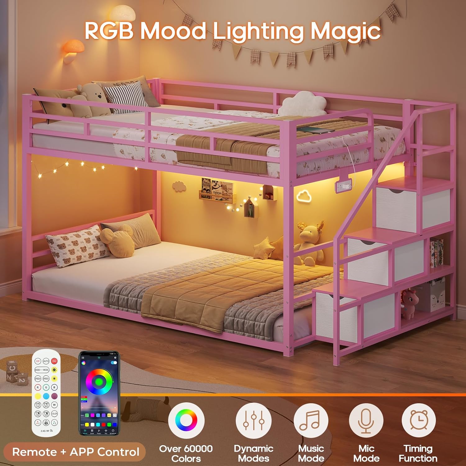 ADORNEVE Low Bunk Bed Twin Over Twin with Storage Stairs, Drawers & Shelves, RGB LED Lights Metal Floor Bunk with Power Outlet, Full-Length Guardrail & Metal Slats, for Small Space, Kids, Pink