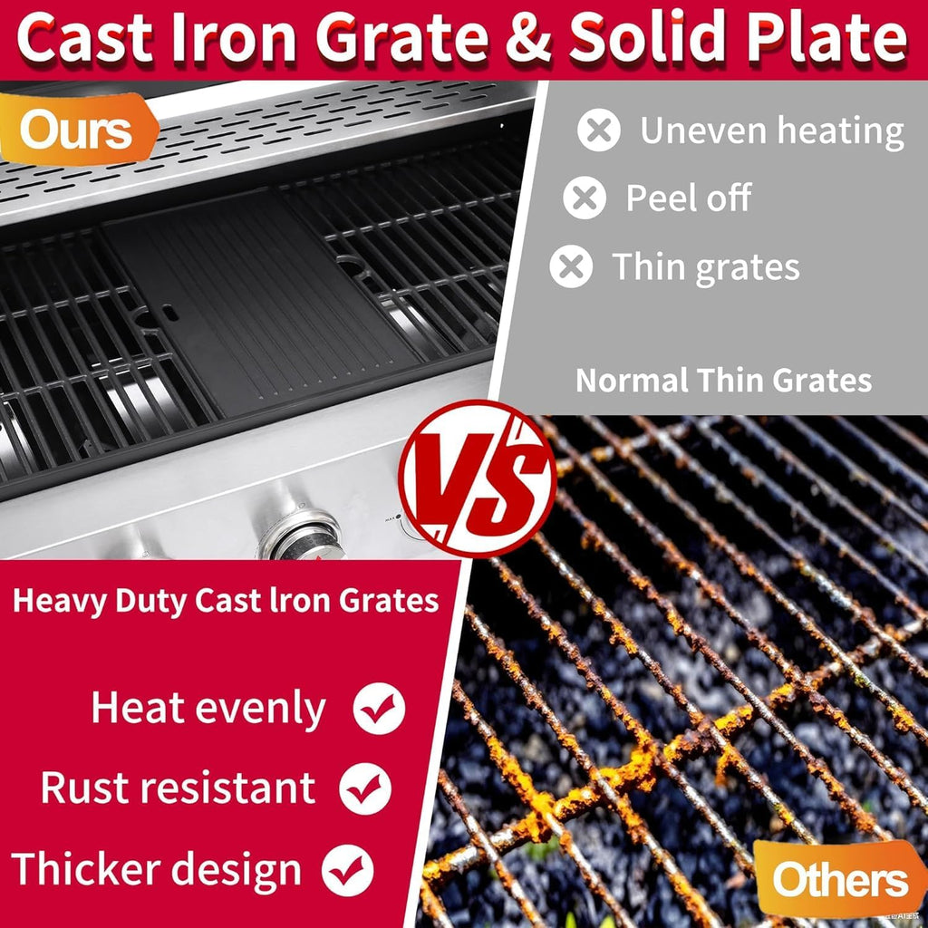 6-Burner Propane Gas BBQ Grill, Stainless Steel Propane Grill 36,900 BTU Outdoor Cabinet Style with Wheels, Wire Rack and Two Foldable Side Table for Outdoor Barbecue Cooking (6-Burner Grill,Silver)