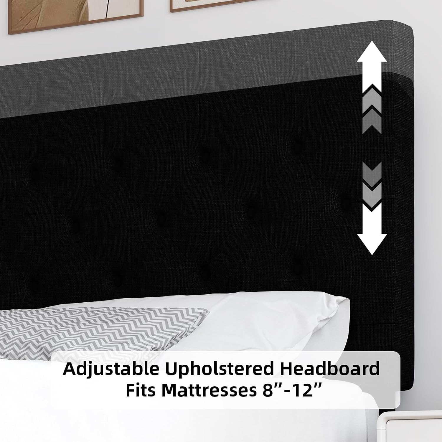 HOMBCK Queen Bed Frame, Linen Fabric Upholstered Platform Bed Frame, Button Tufted Bed Frame Queen Size, Wooden Slat Support, No Box Spring Needed, Easy Assembly, Black