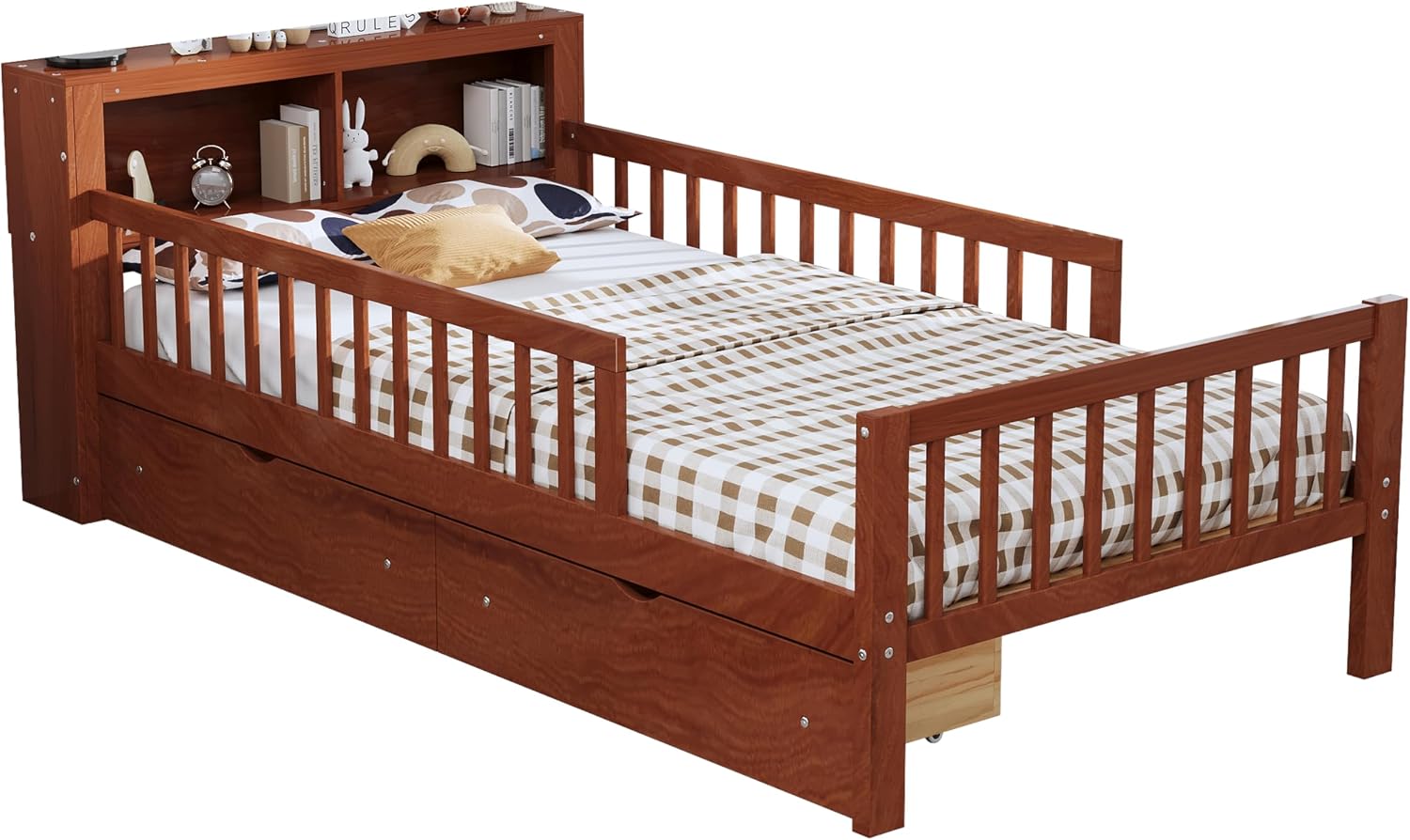VilroCaz Wood Twin Size Platform Bed with Safety Fence for Kids Boys Girls, Platform Bed Frame with Practical Headboard and 2 Under-Bed Drawers, Sturdy Slats Support (Walnut-3.15)