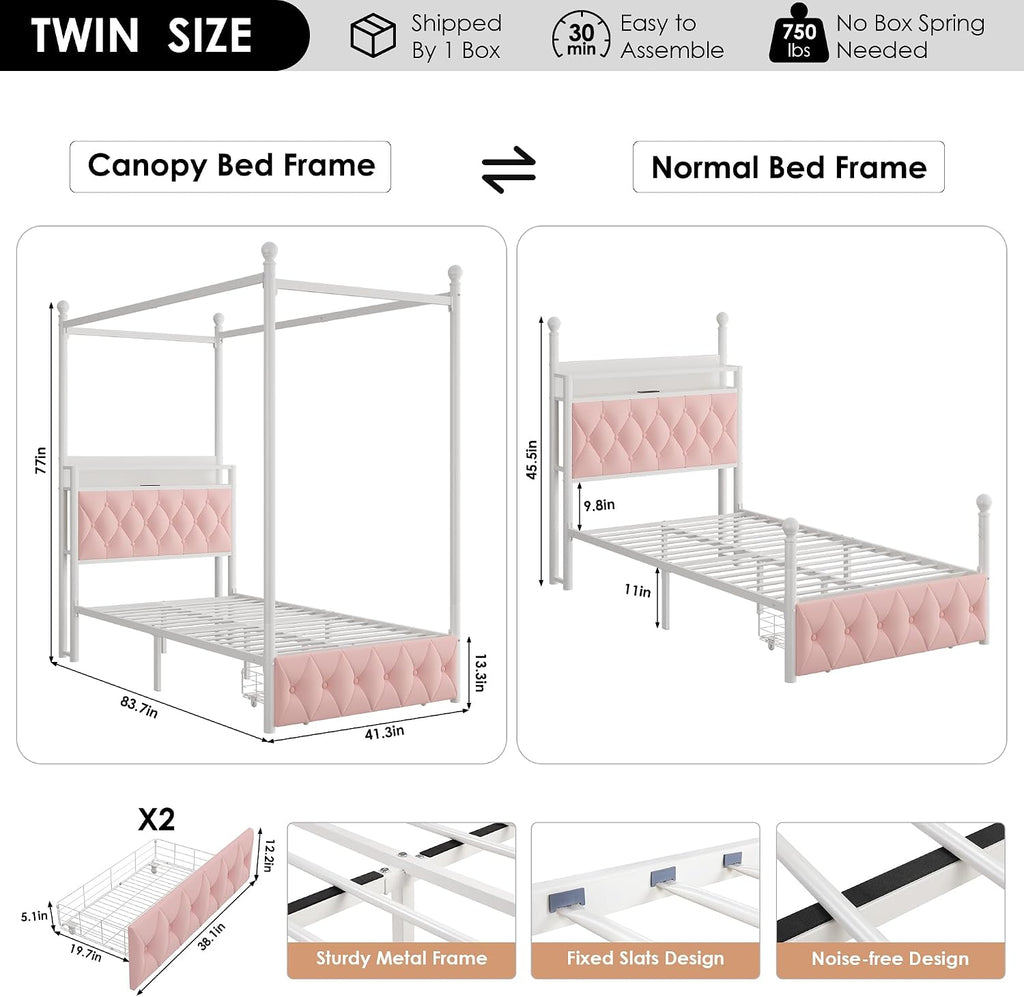HIFIT Girls Twin Upholstered LED Canopy Bed Frame with Storage and Charging Station, Button Tufted Storage Headboard with Bookshelf, Two-Use Kids Metal Platform Bed w/4 Removable Post & 2 Drawer, Pink