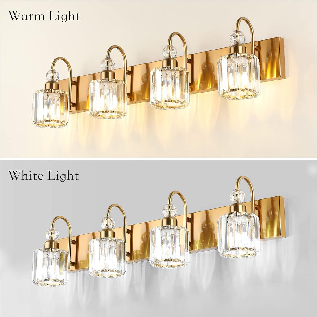 Ralbay Brass Gold Vanity Lights 4-Lights Crystal Bathroom Lighting Fixtures Over Mirror Modern Wall Lighting for Bathroom