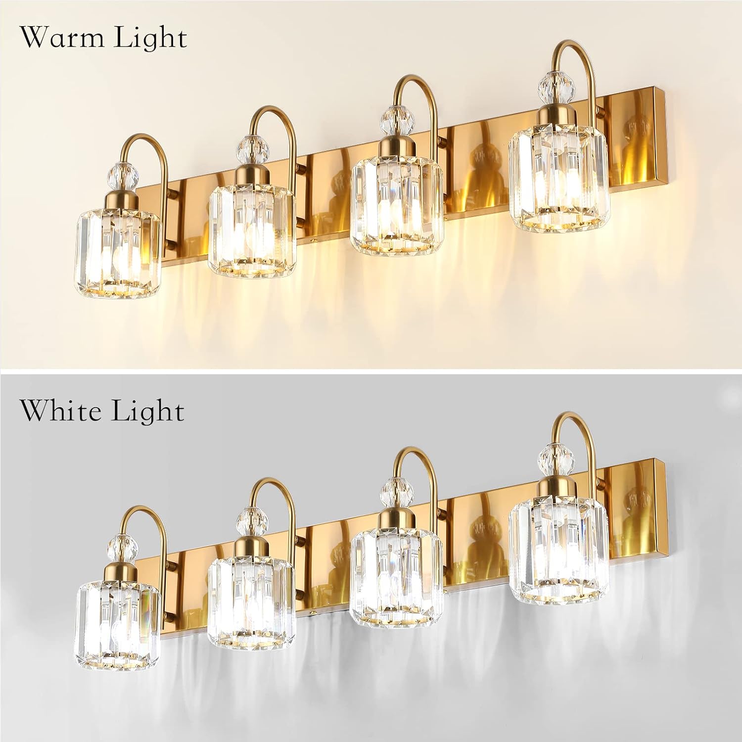 Ralbay Brass Gold Vanity Lights 4-Lights Crystal Bathroom Lighting Fixtures Over Mirror Modern Wall Lighting for Bathroom