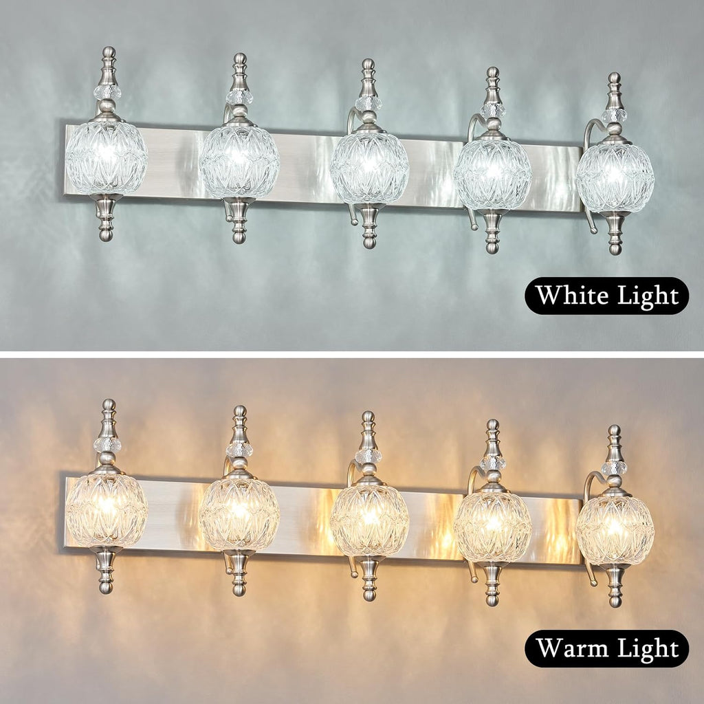 Modern Crystal Bathroom Vanity Lights Fixtures Over Mirror Brushed Nickel Vintage 5-Lights 36 Inch Bathroom Light Fixtures Glass Crystal Vanity Lights