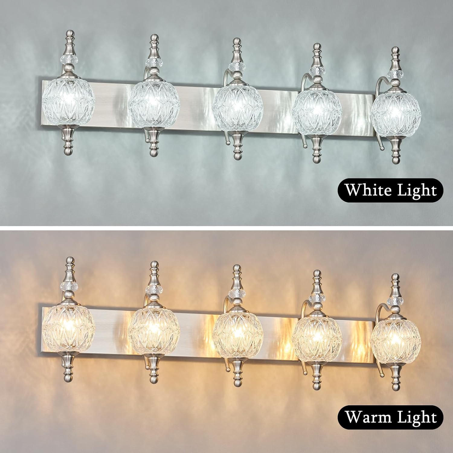 Modern Crystal Bathroom Vanity Lights Fixtures Over Mirror Brushed Nickel Vintage 5-Lights 36 Inch Bathroom Light Fixtures Glass Crystal Vanity Lights