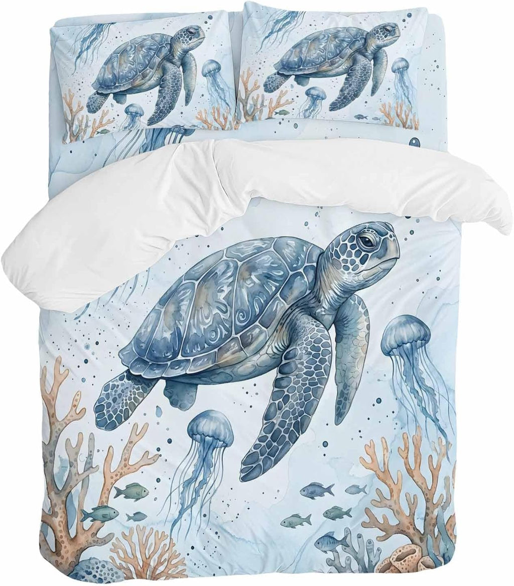 Marine Life Duvet Cover Set Queen Size 4 Pieces Blue Sea Turtle Jellyfish Fish Brown Coral Watercolor Bedding Set with Zipper Closure, 1 Comforter Cover 92x106 Inches 1 Flat Sheet & 2 Pillow Cases