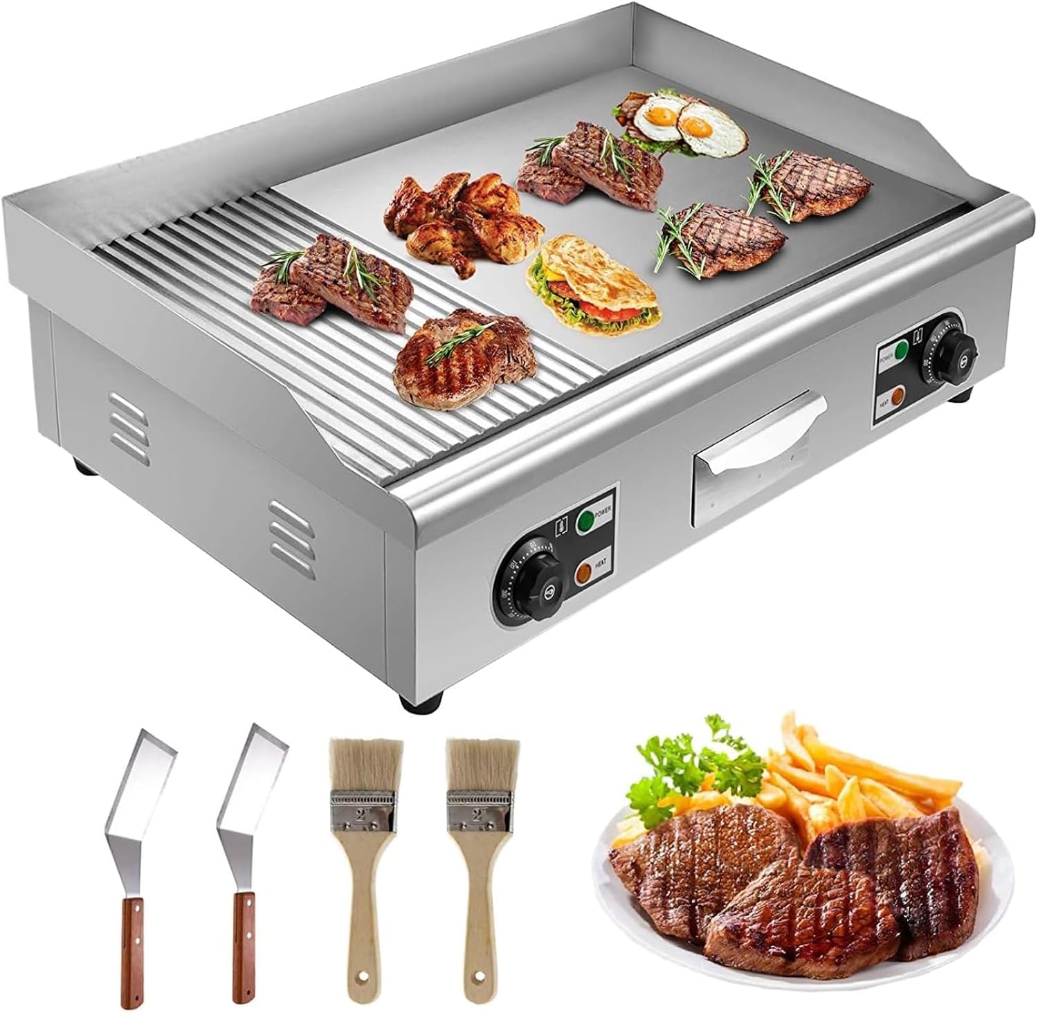 Commercial Electric Griddle, 4400W Electric BBQ Countertop Griddle Flat Top Grill Hot Plate Adjustable Thermostatic Control Stainless Steel Restaurant Grill for Kitchen