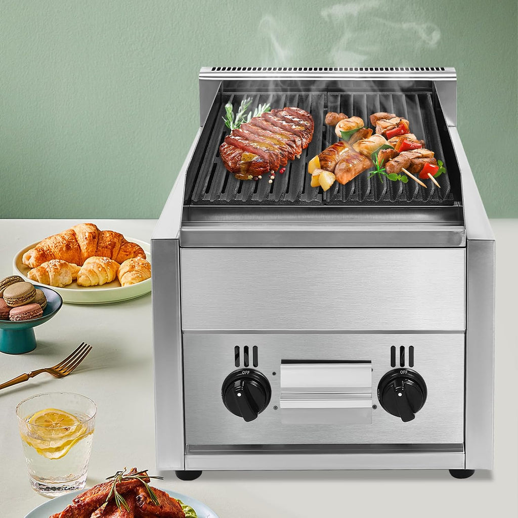 Tabletop Gas Grill 2 Burners Stainless Steel Flat Top Grill Hot Plate Countertop Griddle for Outdoor Patio Backyard Camping 2800Pa, 60TU/hr, Silver
