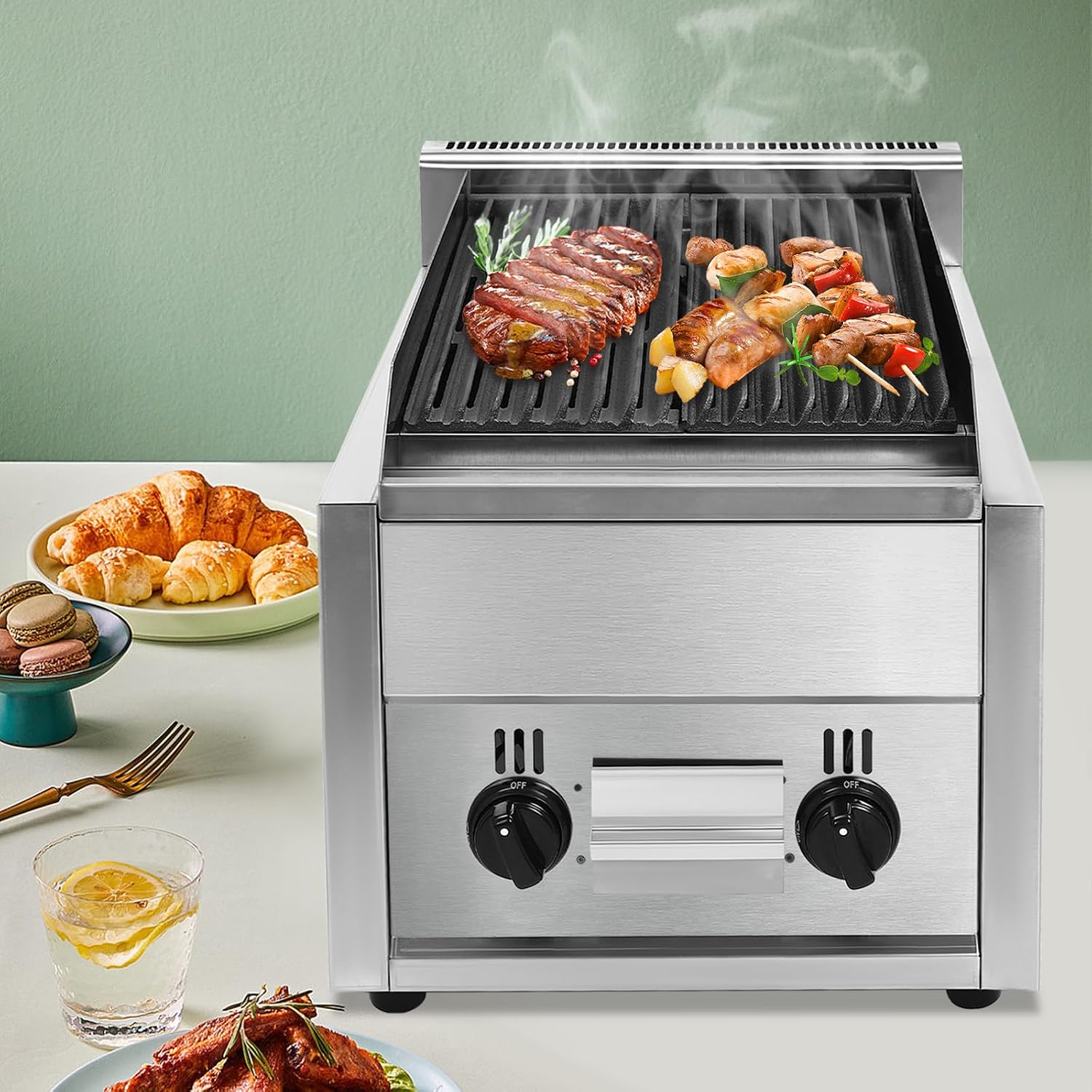 Tabletop Gas Grill 2 Burners Stainless Steel Flat Top Grill Hot Plate Countertop Griddle for Outdoor Patio Backyard Camping 2800Pa, 60TU/hr, Silver