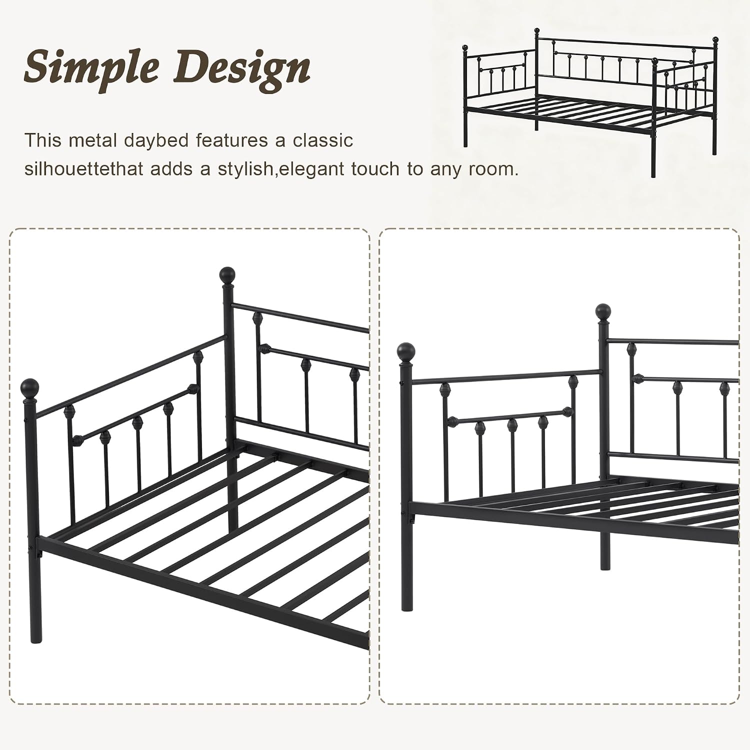 VECELO Daybed Frame, Twin Size Metal Platform Bed with Headboard,Heavy Duty Steel Slats Support for Living Room Bedroom Guest Room, Easy Assembly