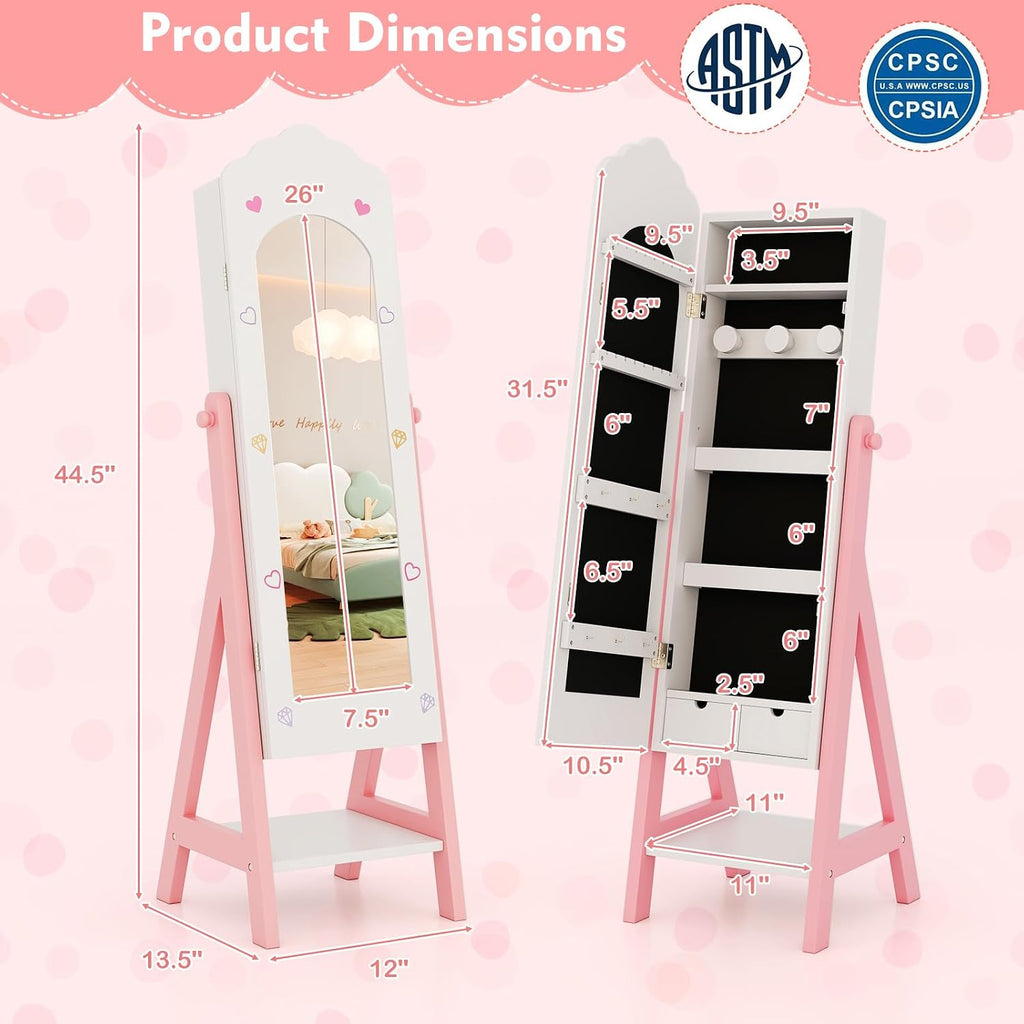 Costzon Kids Vanity & Jewelry Armoire Cabinet, Kids Makeup Vanity Table and Chair Set, Standing Jewelry Organizer with Full-Length Mirror, Kids Bedroom Furniture Set for Girls (White)