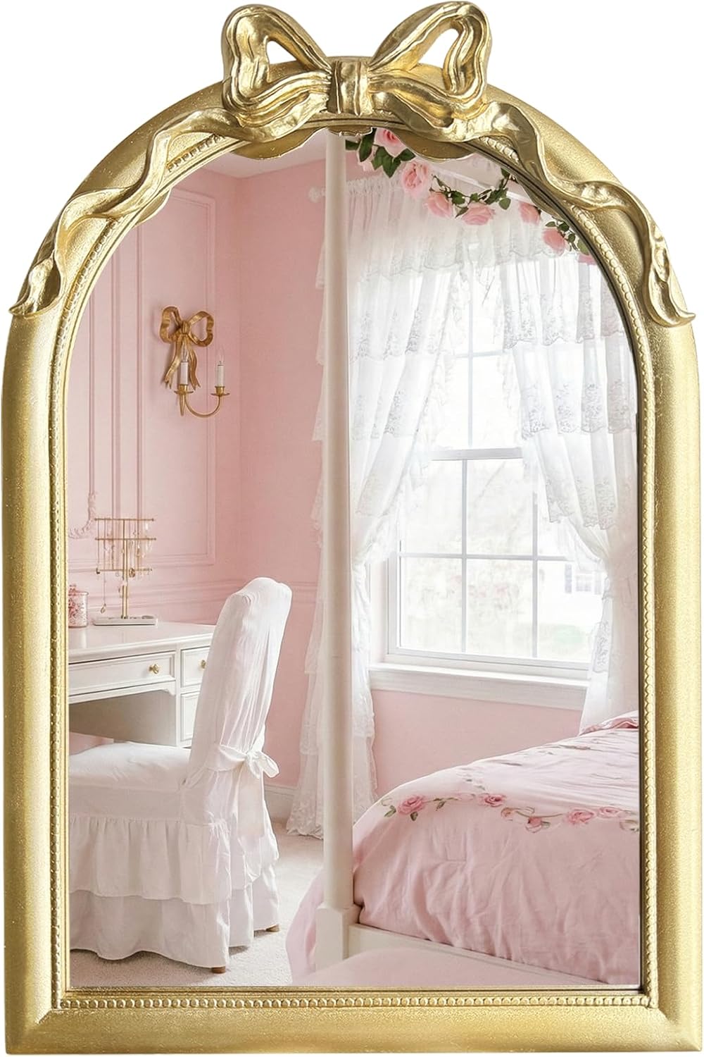 36x24 Arched Gold Bow Wall Mirror, Vintage Vanity Mirror for Bathroom & Bedroom Decor, Antique French Style Engineered Wood Frame with Ribbon Knot, Cute Coquette Aesthetic