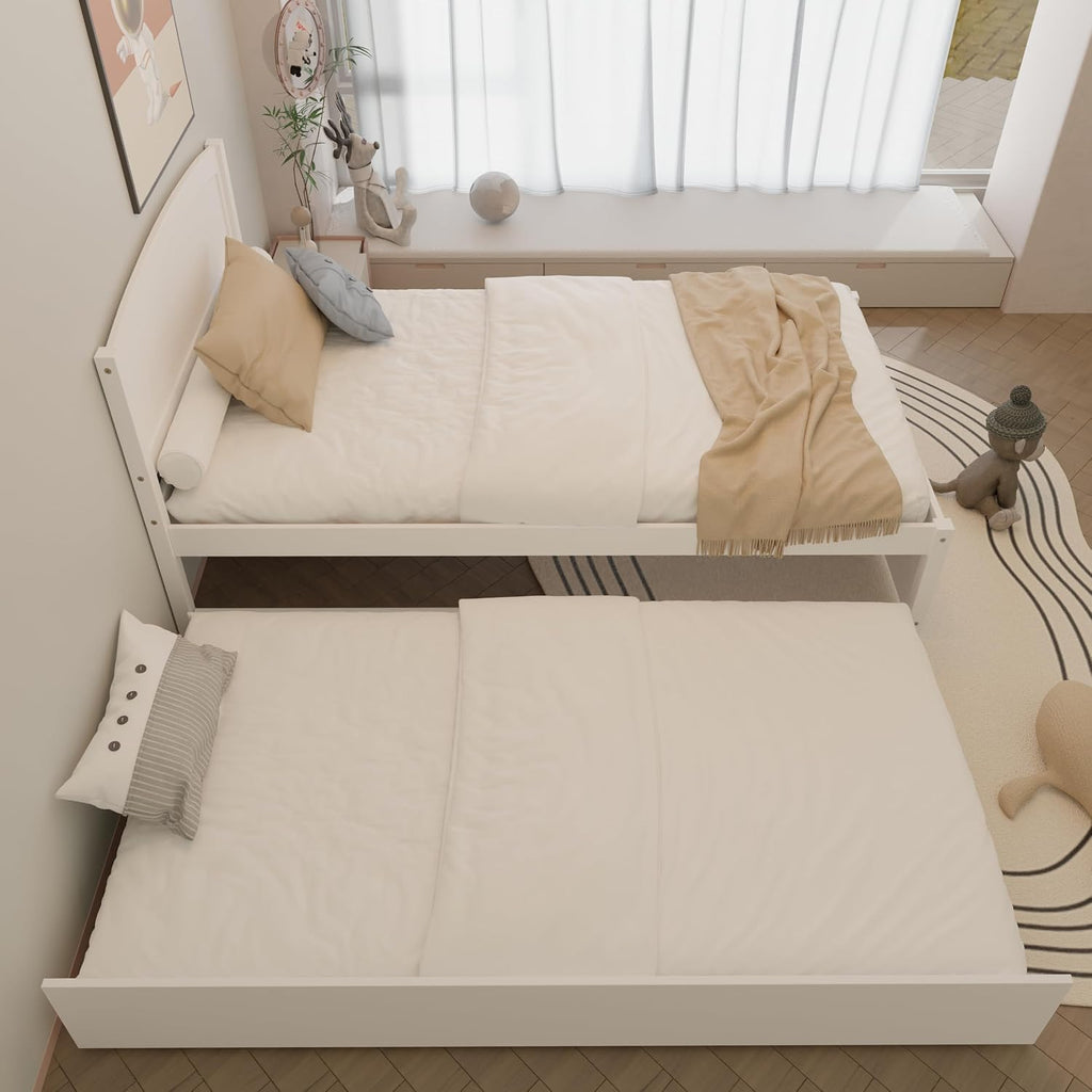 Xilingol Trundle Bed Twin, Solid Wood Bed Frames with Headboard and Wooden Slats Support, Twin Trundle Bed Frame Roll Out, Single Box (No Box Spring Needed), White