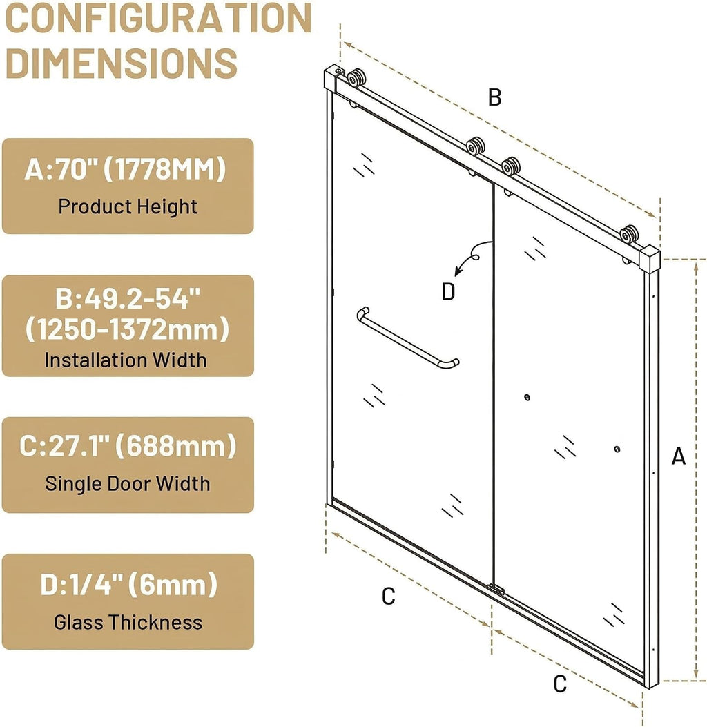 Findepot 50-54' W x 70' H Double Sliding Shower Door, Semi-Frameless Shower Door with 1/4'(6mm) Clear Tempered Glass, Silent Soft-Close Door for Walk-in Shower, Matt Black