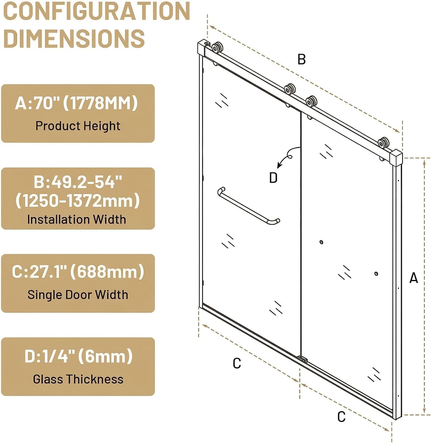 Findepot 50-54' W x 70' H Double Sliding Shower Door, Semi-Frameless Shower Door with 1/4'(6mm) Clear Tempered Glass, Silent Soft-Close Door for Walk-in Shower, Matt Black