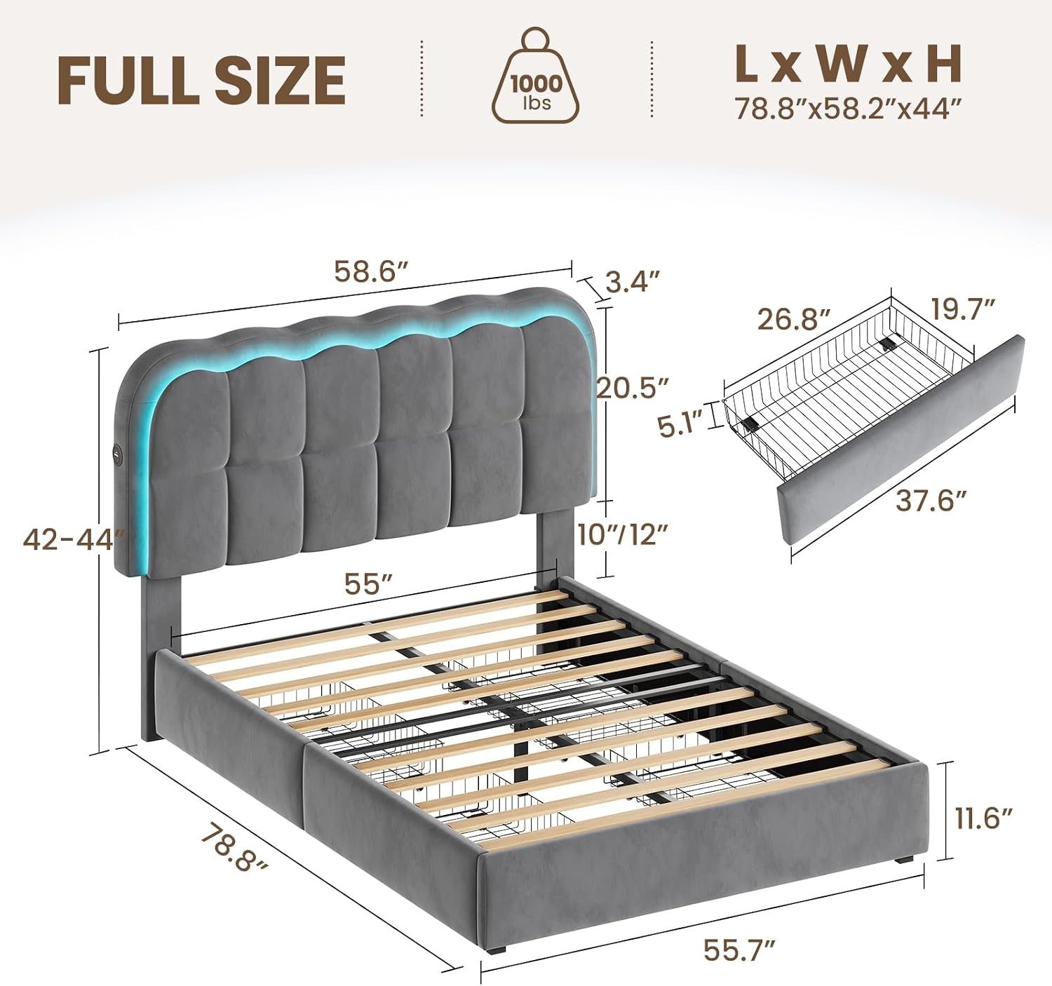 CypBed Full Size Bed Frame with 4 Storage Drawers & LED Lights, Velvet Upholstered Platform Bed Frame with Charing Station and Adjustable Headboard, Wood Slats Support, No Box Spring Needed, Grey