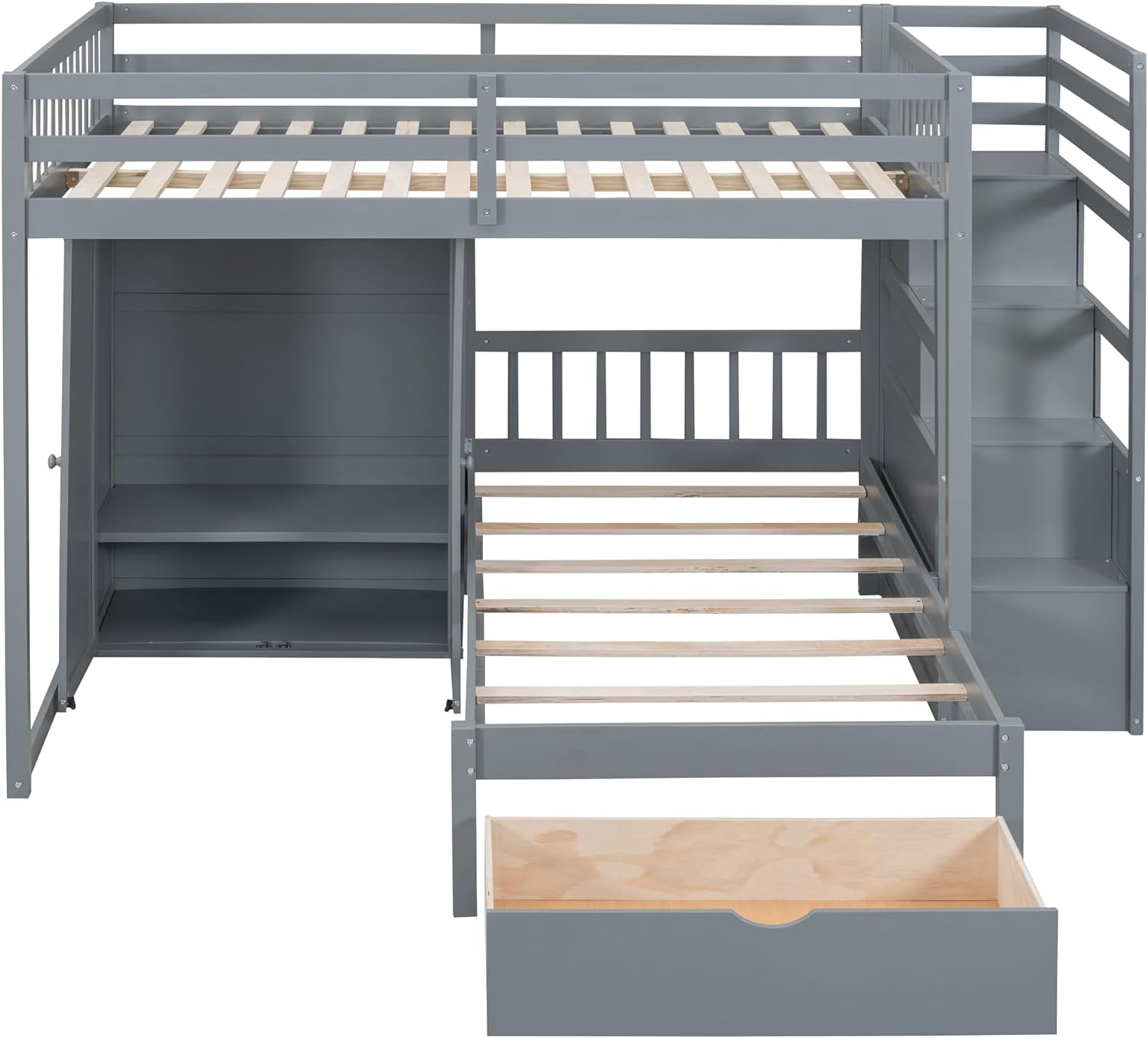 Ball & Cast Full Over Twin Bunk Bed with Safty Guardrail & Storage Stair,Wood Loft Bedframe W/Wardrobe & Drawers,Space-Saving Design,Easy Assembly,Versatile Furniture for Boys Girls Teen Bedroom,Gray