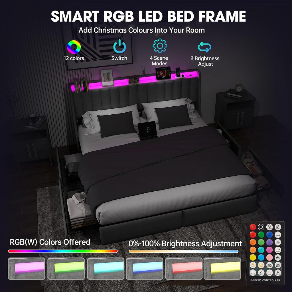 UINTAI King Size Bed Frame with LED Lights and Charging Station, Upholstered Platform Bed with Storage Headboard and 4 Drawers, Metal Slat Support, Noise-Free, No Box Spring Needed, Easy Assembly