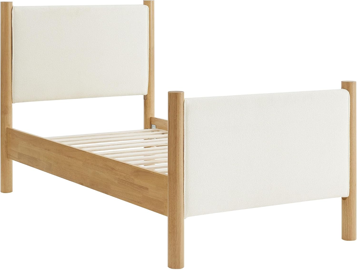 Modway Maven Twin Size Bed Frame in Feather Oak with Upholstered Boucle Headboard and Footboard – Wood Twin Platform Bed Frame – No Box Spring Needed