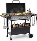 31' Flat Top Propane Gas Griddle with Hood, 4-Burner Heavy Duty Griddle on Cart, Outdoor Portable BBQ Grill Station w/Foldable Side Tables, 455 sq.in, 32000 BTU for Camping Tailgating Backyard