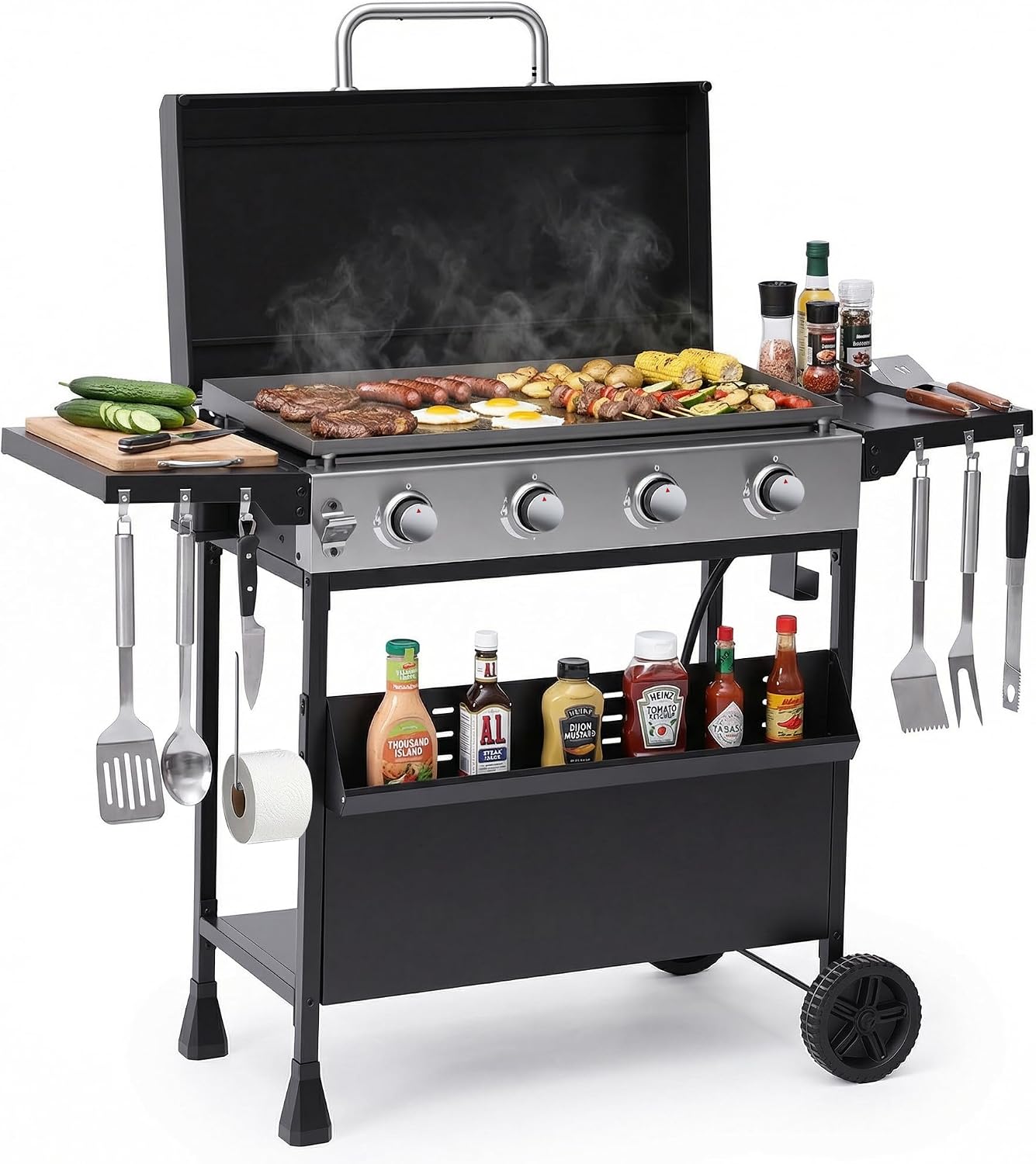 31' Flat Top Propane Gas Griddle with Hood, 4-Burner Heavy Duty Griddle on Cart, Outdoor Portable BBQ Grill Station w/Foldable Side Tables, 455 sq.in, 32000 BTU for Camping Tailgating Backyard