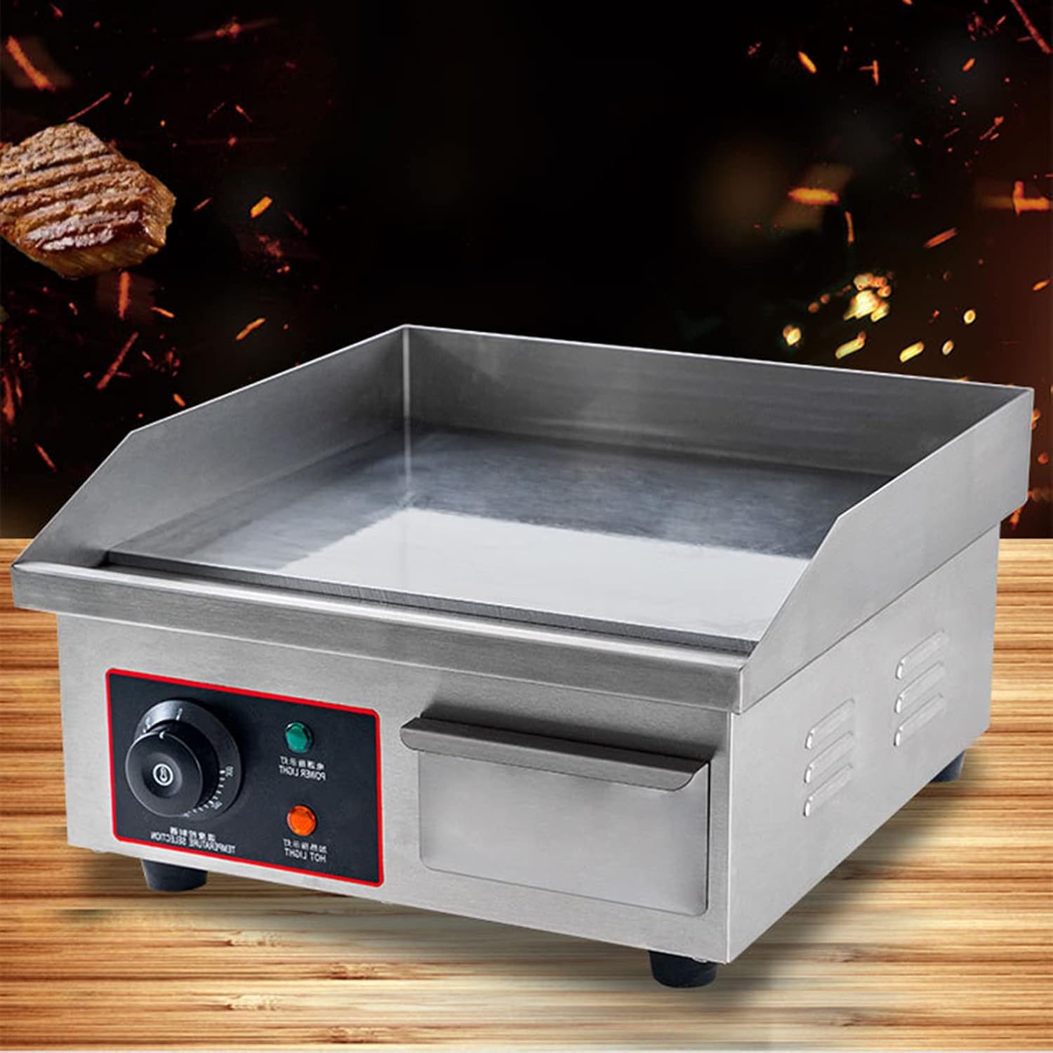 Electric Countertop Flat Top Griddle, Commercial Hot Plate BBQ, Non-Stick Teppanyaki, Stainless Steel Grill, Adjustable Thermostatic Control, for Kitchen Restaurant