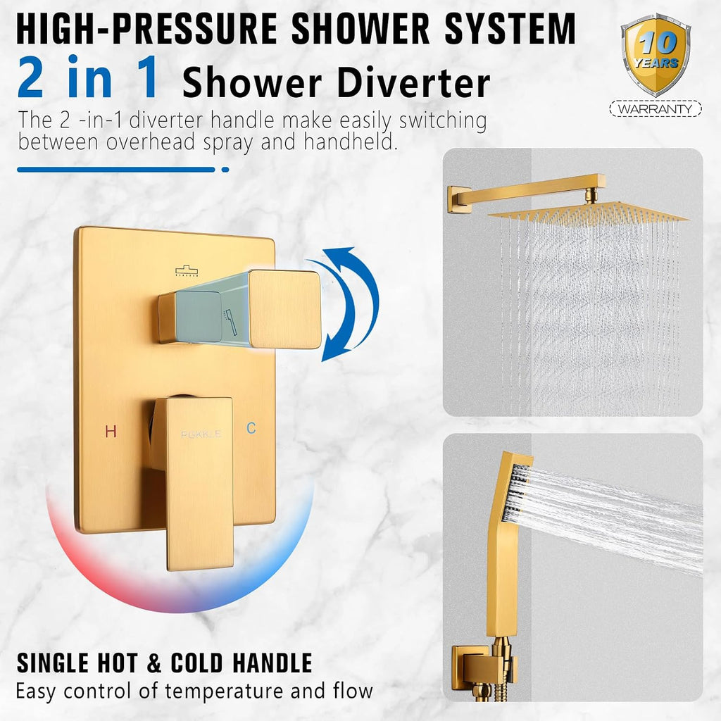 Rainfall Shower System - Wall Mounted Complete Combo with Solid Brass Pressure Balancing Valve, High Pressure Shower Head, Handle Set & Installation Accessories Brushed Gold 10'+Handheld Spray