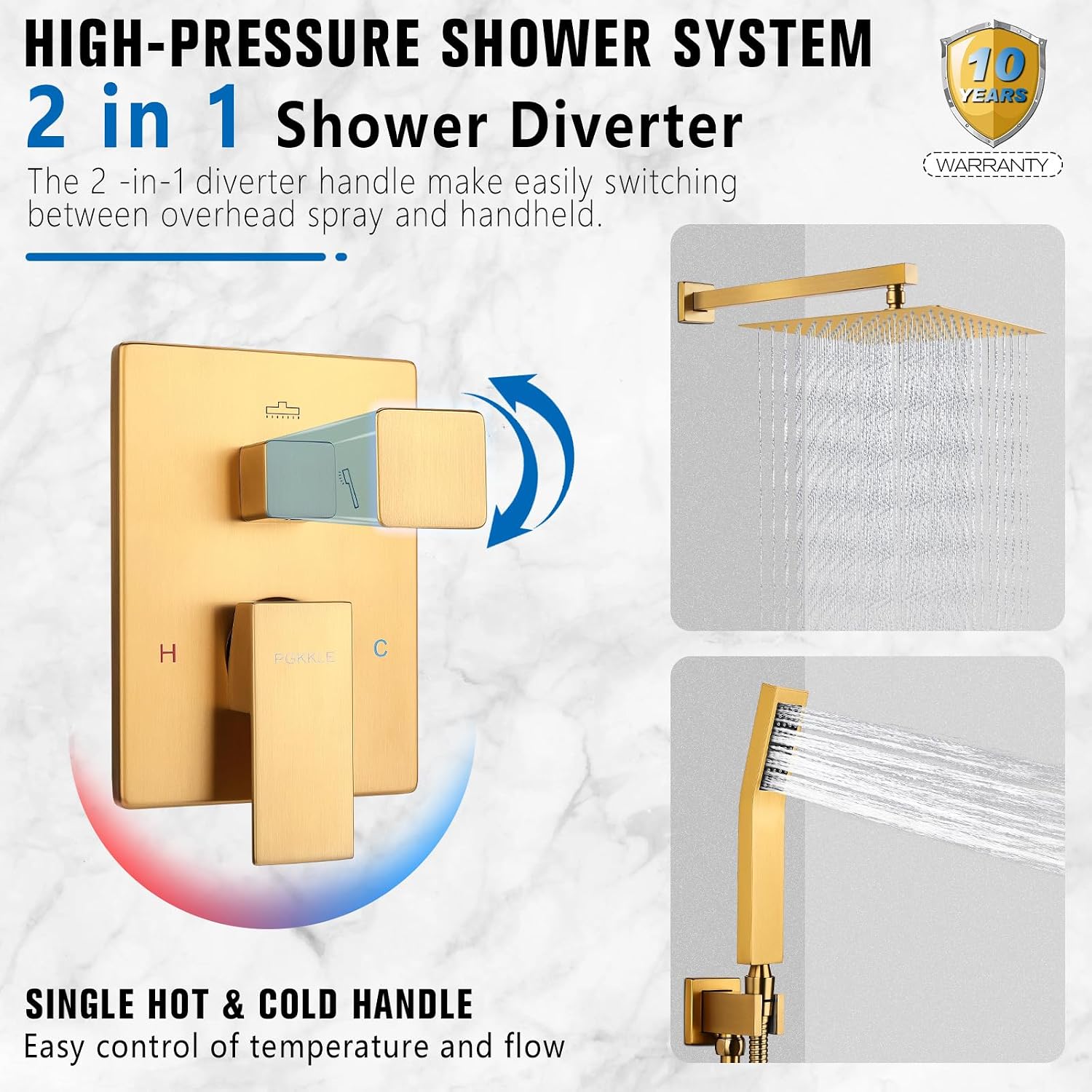 Rainfall Shower System - Wall Mounted Complete Combo with Solid Brass Pressure Balancing Valve, High Pressure Shower Head, Handle Set & Installation Accessories Brushed Gold 10'+Handheld Spray