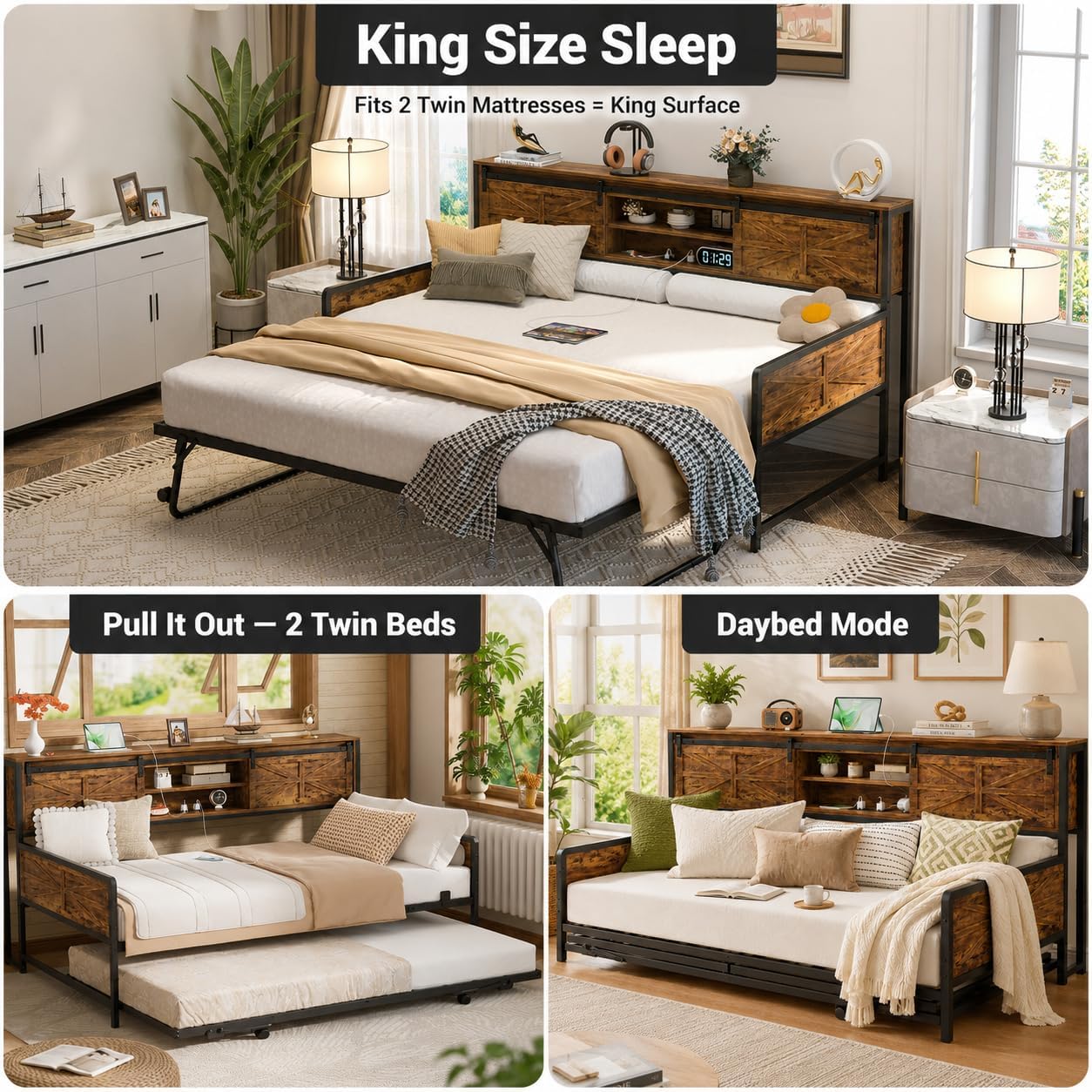 Homieasy Farmhouse Twin Daybed with Pop-Up Trundle, Metal Trundle Bed Frame with Bookcase Headboard, Charging Station & Barn Door Storage for Bedroom & Guest Room, Rustic Brown