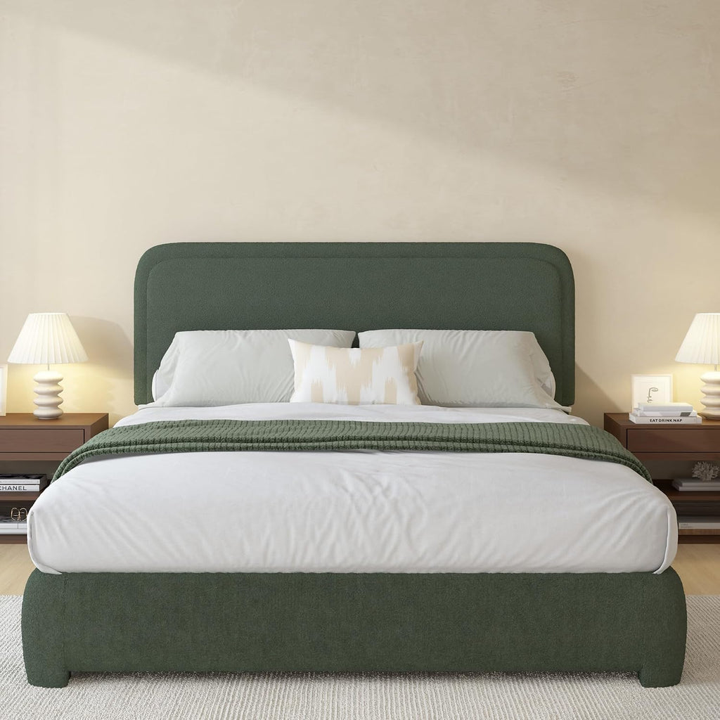 BarnFurin Queen Bed Frame with Headboard, Boucle Upholstered Platform Bed with Wood Slats, Soft Rounded Corners, No Box Spring Required, Non-Slip and Noise-Free, Easy Assembly, Green