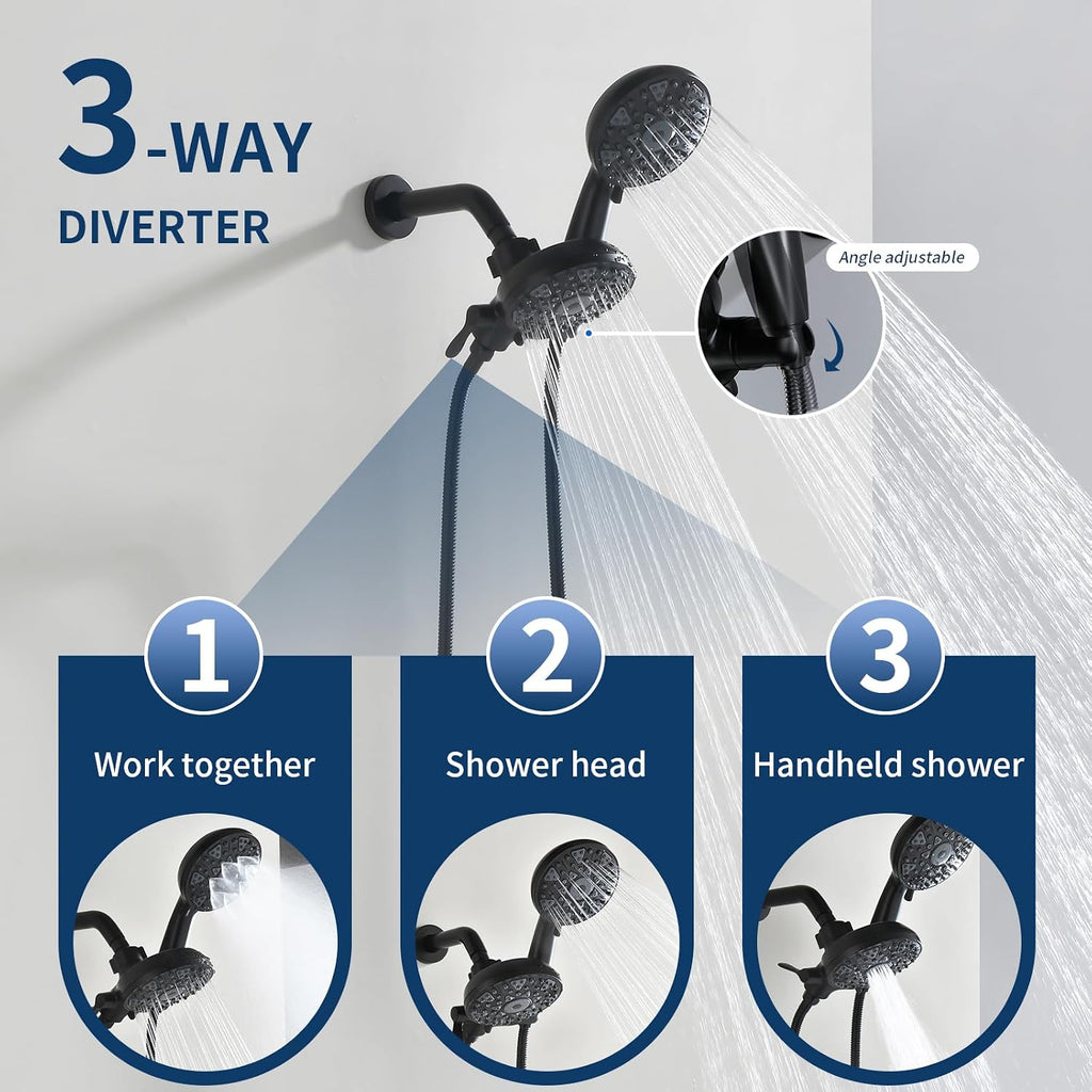 3 Handle Shower Faucet Set with Tub Spout Bathtub Shower Faucet Combo Set Shower System Complete Tub and Shower Trim Kit Matte Black Wall Mounted Shower Fixtures