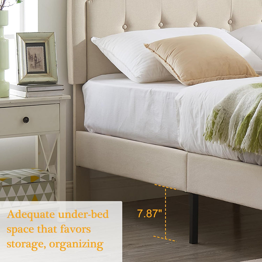 VECELO Queen Size Platform Bed Frame with Fabric Upholstered Headboard and Wooden Slats Support, No Box Spring Needed/Easy Assembly,Beige