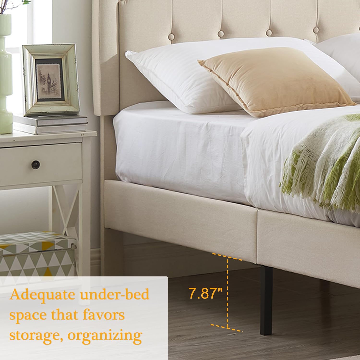 VECELO Queen Size Platform Bed Frame with Fabric Upholstered Headboard and Wooden Slats Support, No Box Spring Needed/Easy Assembly,Beige