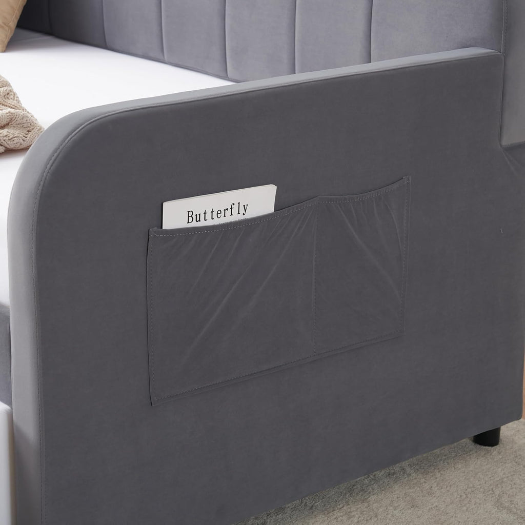 Deolme Twin to King Daybed with Trundle, USB Ports, Velvet Upholstered Daybed with Pop Up Trundle Bed, Modern Extendable Day Bed Frame for Kid Adult Bedroom Living Room Guest Room Small Places Gray